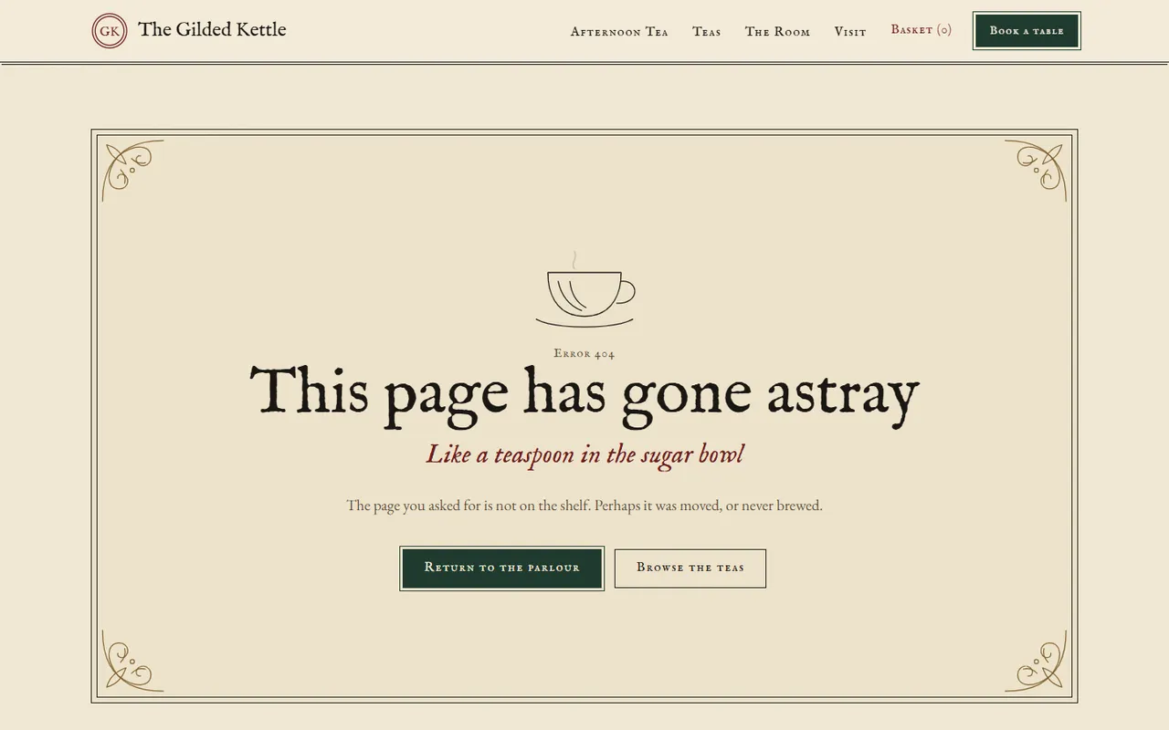 The Gilded Kettle home page, light theme