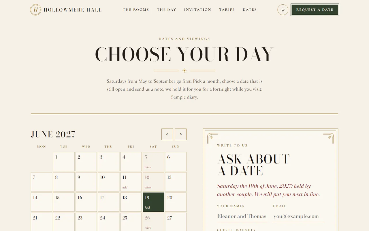Hollowmere Hall: dates page