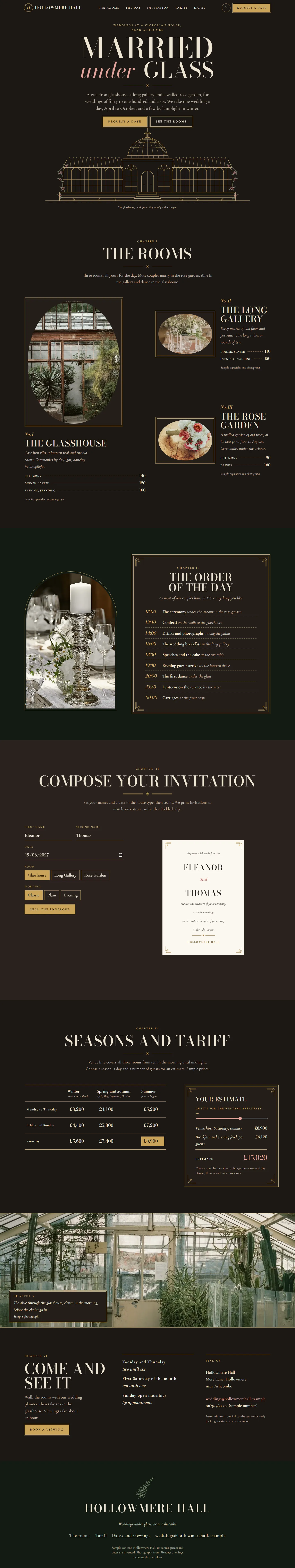 Hollowmere Hall home page, dark theme, at 1440 pixels wide