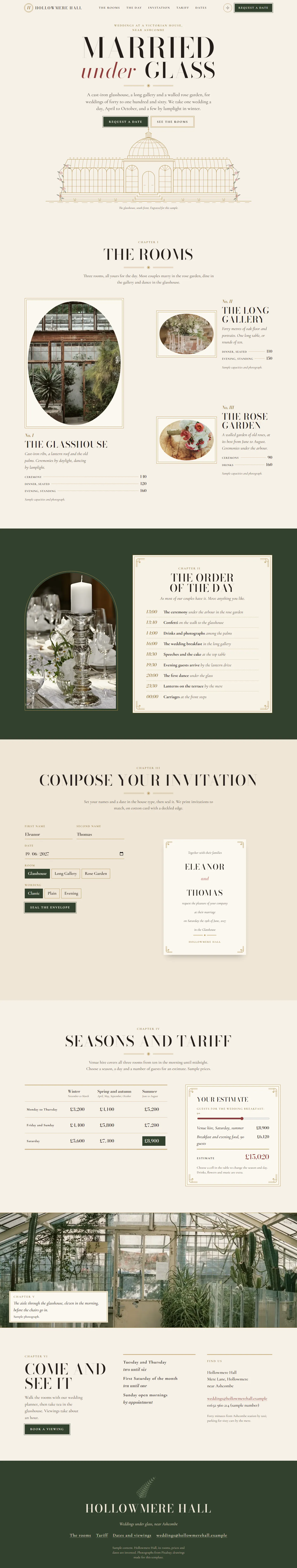 Hollowmere Hall home page, light theme, at 1440 pixels wide