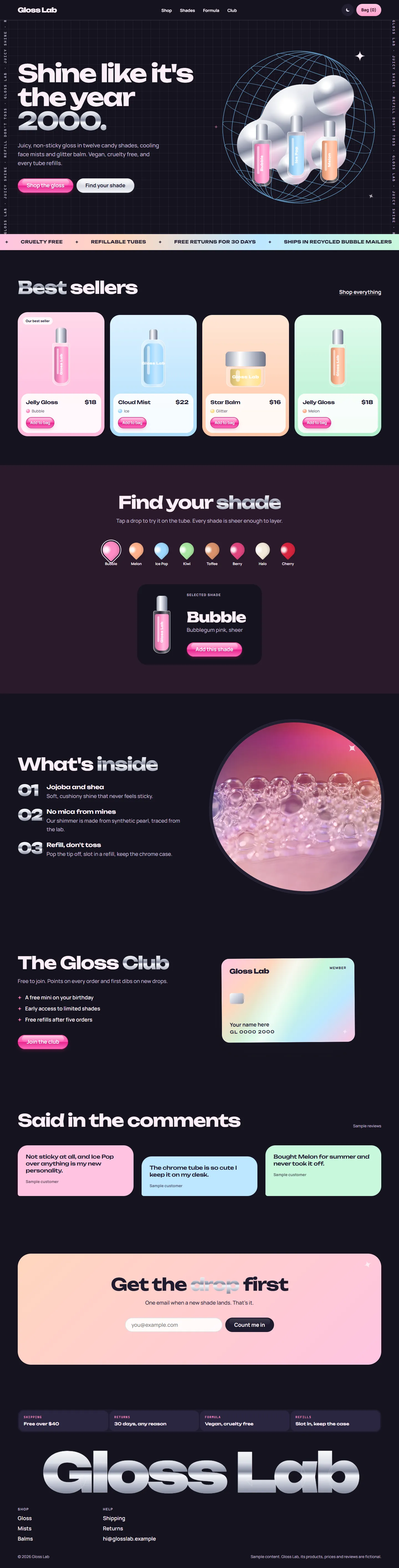 Gloss Lab home page, dark theme, at 1440 pixels wide