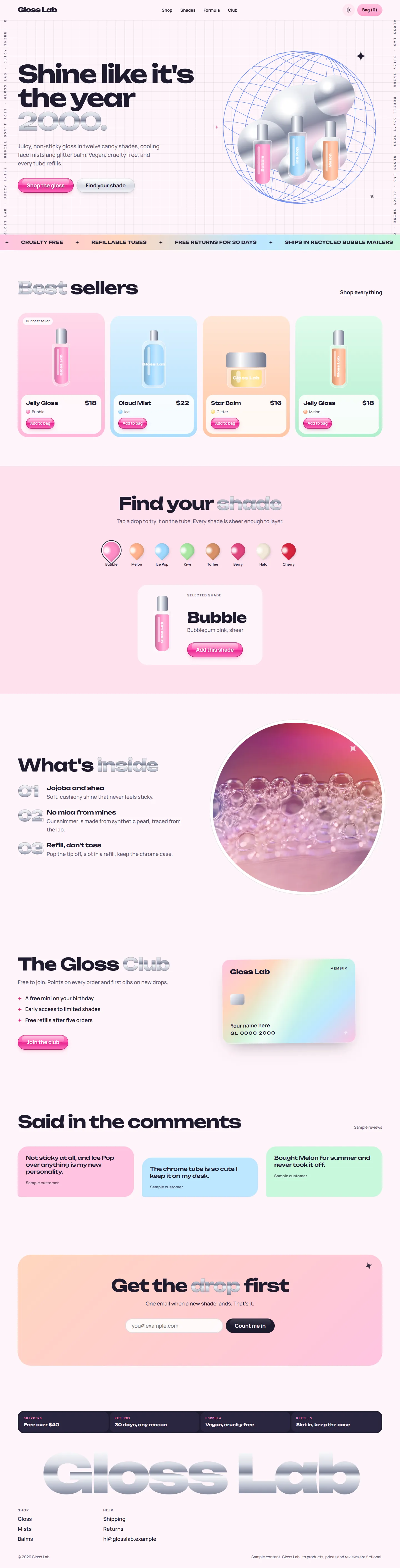 Gloss Lab home page, light theme, at 1440 pixels wide