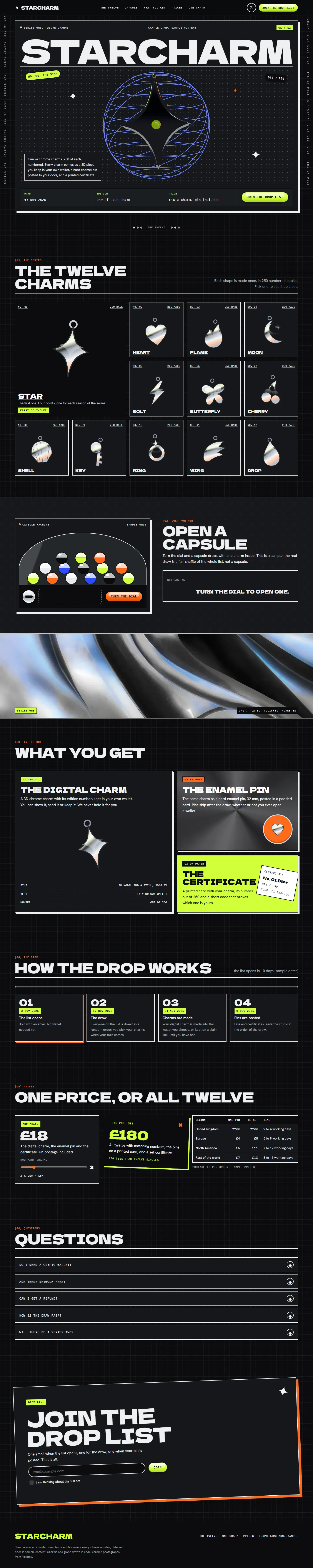 Starcharm home page, dark theme, at 1440 pixels wide