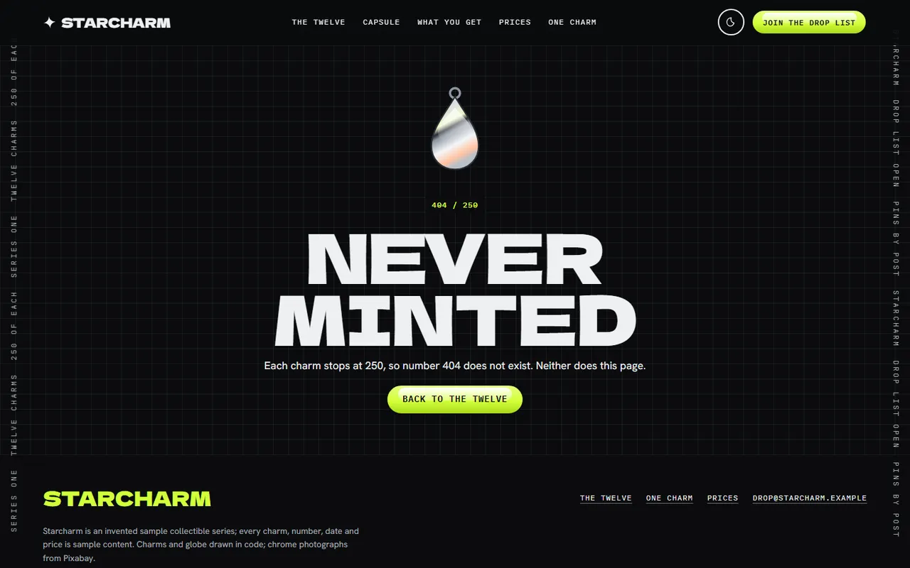 Starcharm: 404 page, dark theme