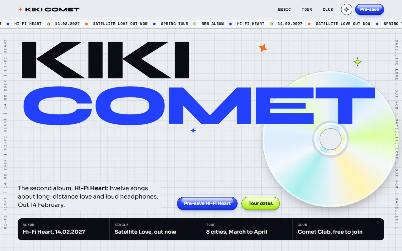 Kiki Comet home page, light theme