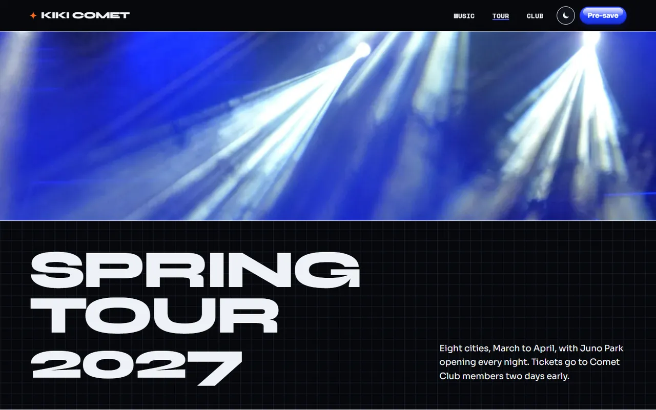 Kiki Comet: tour page, dark theme