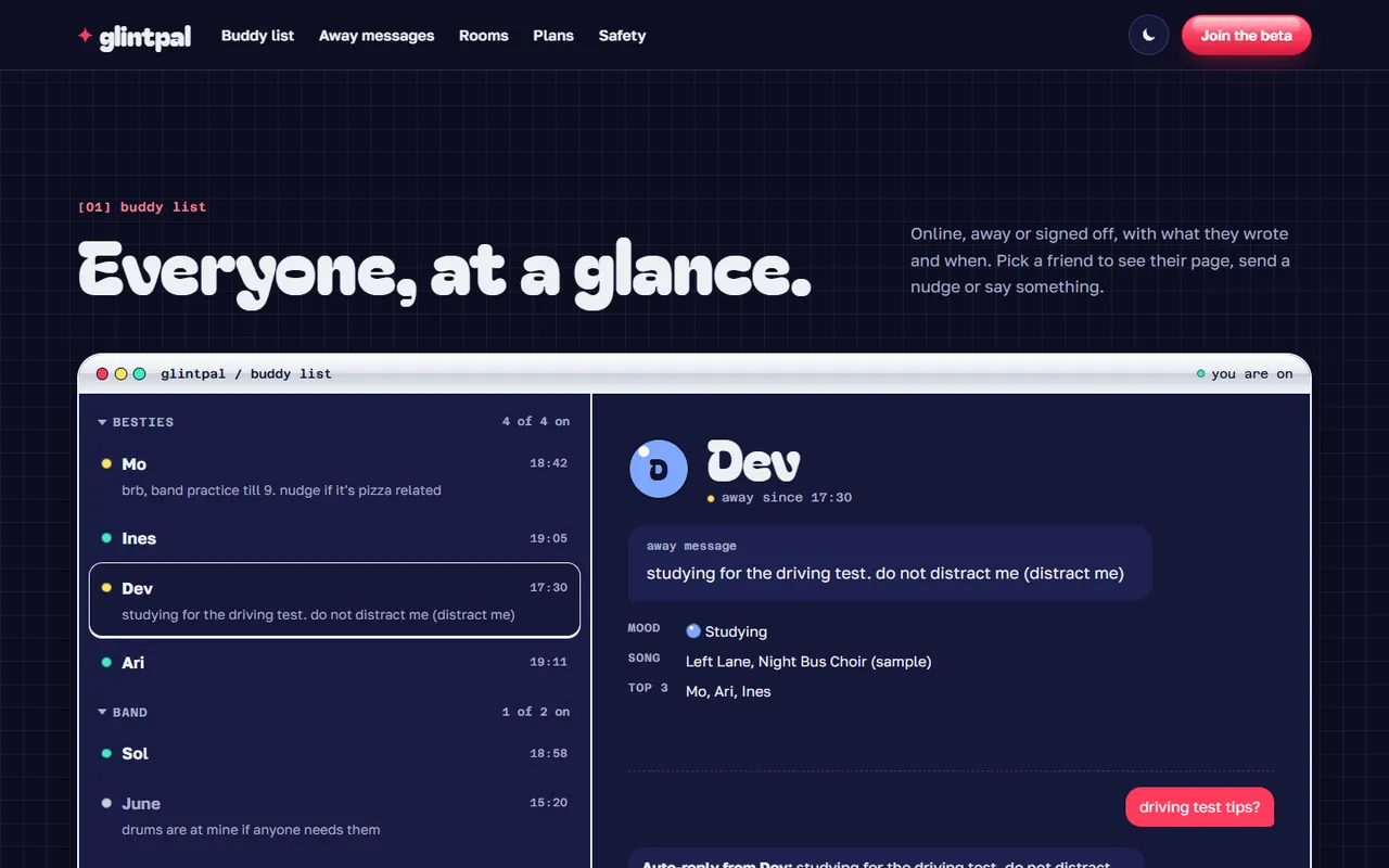 glintpal: buddy page, dark theme