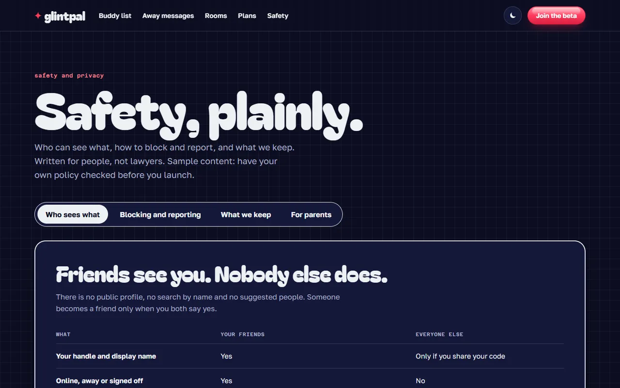 glintpal: safety page, dark theme