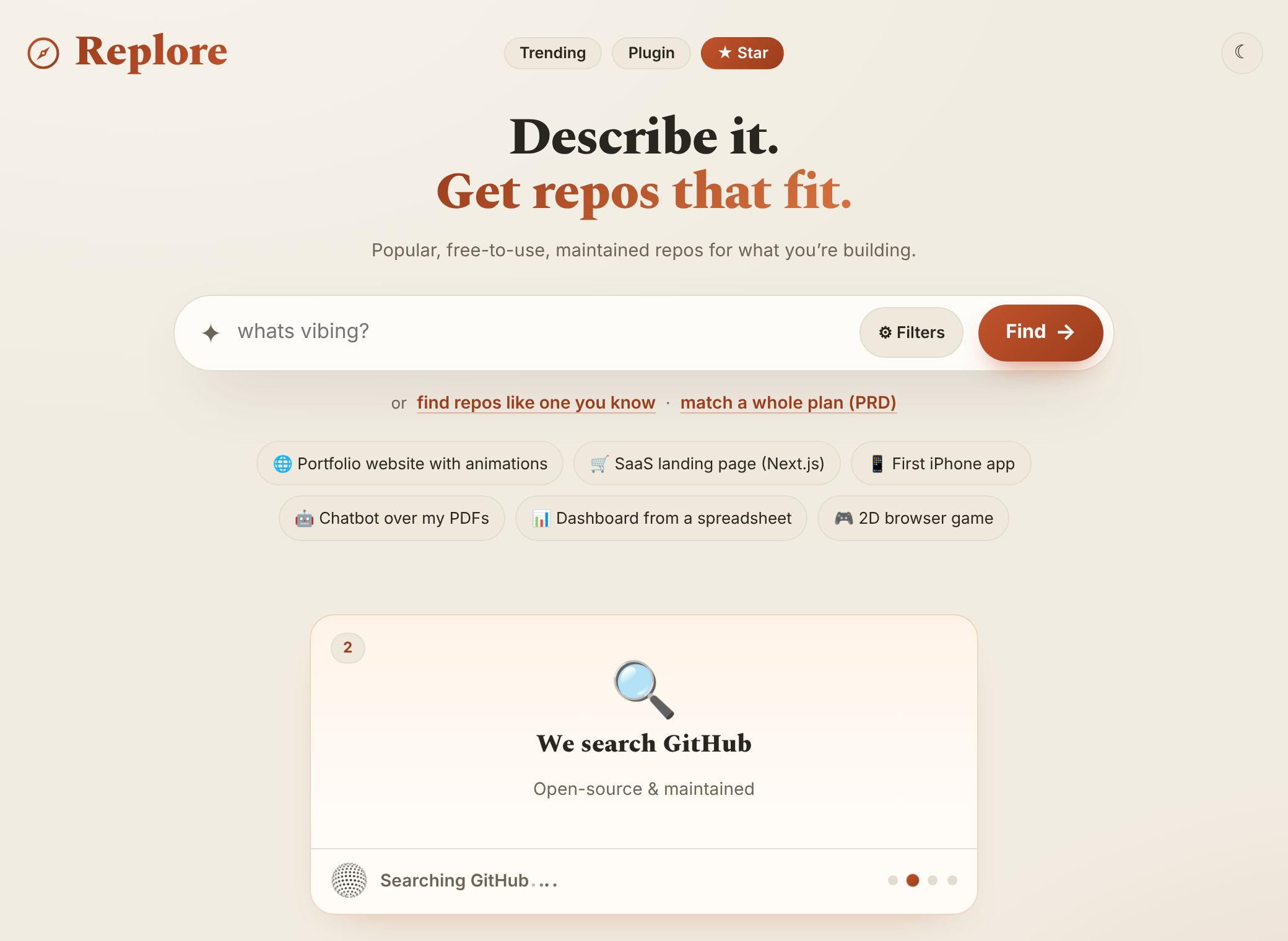 The Replore page: describe your project, then get the open-source repos that fit